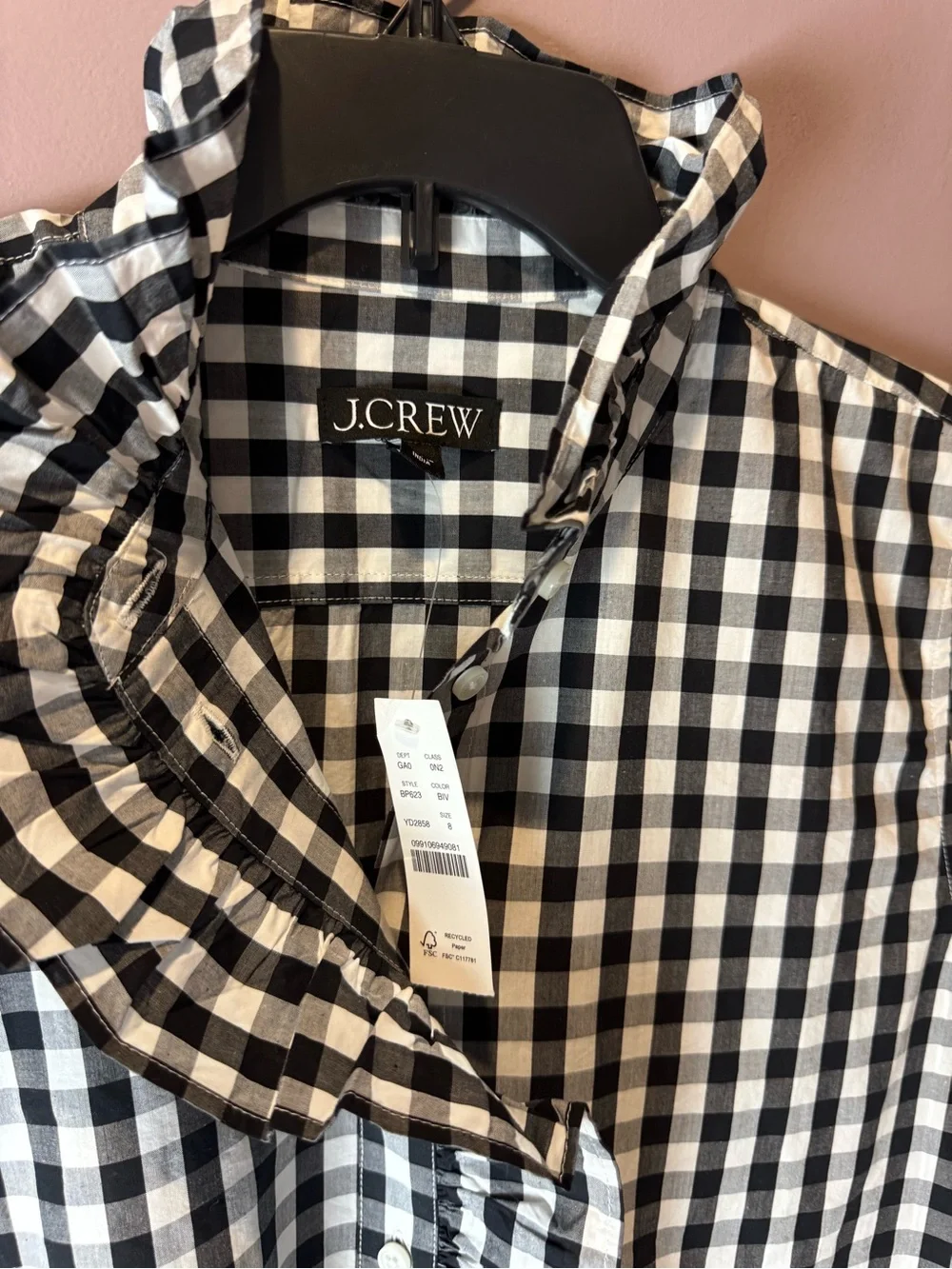 J Crew Black & White Gingham Button-Up Shirt Ruffle BP623